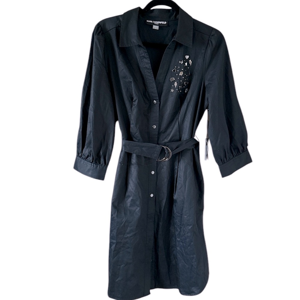 NEW Karl Lagerfeld Women’s 100% Cotton Shirt Dress Fashion Pins 3/4 slee…